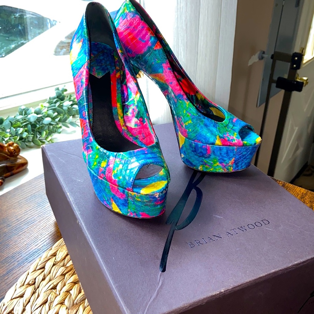 B Brian Atwood multi color platform heels